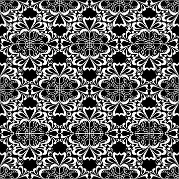 Seamless graphic pattern, floral white ornament tile on black background Stock Illustration