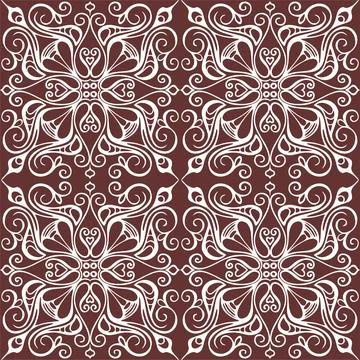 Seamless graphic pattern, floral white ornament tile on brown background Stock Illustration