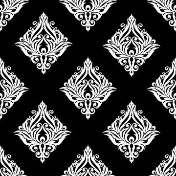 Seamless graphic pattern, floral white ornament tile on black background Stock Illustration