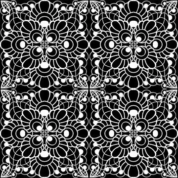 Seamless graphic pattern, floral white ornament tile on black background Stock Illustration