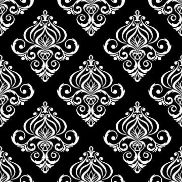 Seamless graphic pattern, floral white ornament tile on black background Stock Illustration