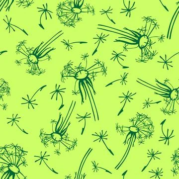 Seamless graphic pattern of green dandelions on an olive background, texture Stock Illustration
