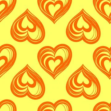 Seamless graphic pattern of orange hearts on a yellow background, texture, .. Stock Illustration