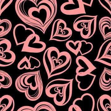 Seamless graphic pattern of pink hearts on a black background, texture, desig Stock Illustration
