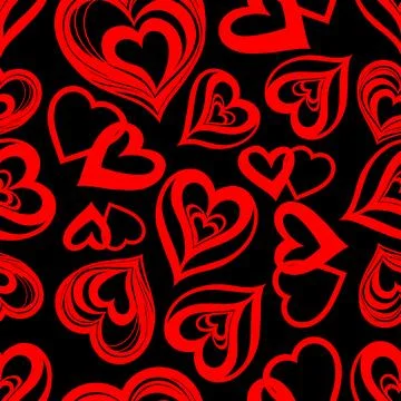 Seamless graphic pattern of red hearts on a black background, texture, design Stock Illustration