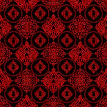 Seamless graphic pattern, tile with abstract geometric red ornament on blac.. Stock Illustration