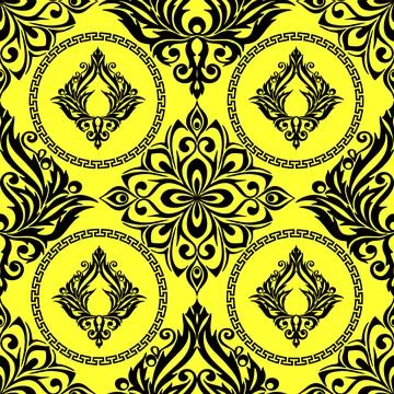 Seamless graphic pattern, tile with abstract geometric black ornament on ye.. Stock Illustration