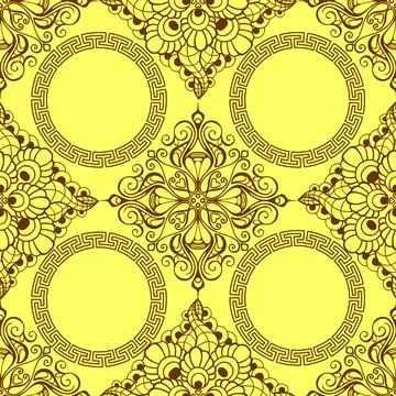 Seamless graphic pattern, tile with abstract geometric brown ornament on ye.. Stock Illustration