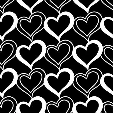Seamless graphic pattern of white hearts on a black background, texture, desi Stock Illustration