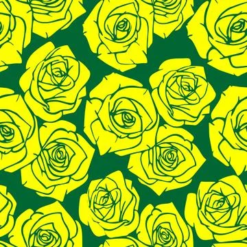Seamless graphic pattern of yellow silhouettes of roses on a green Stock Illustration