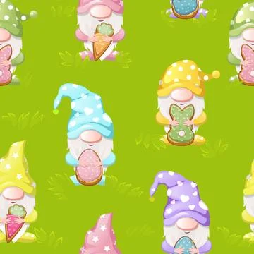 Seamless grass pattern with cute gnomes for Happy Easter. Stock Illustration