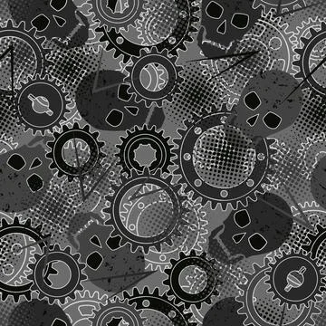 Seamless gray pattern with silhouette of gears, skulls Stock Illustration