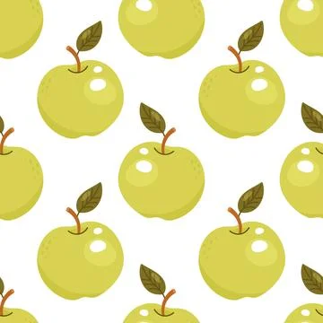 Seamless green apple pattern with cartoon style and cute leaves Stock Illustration