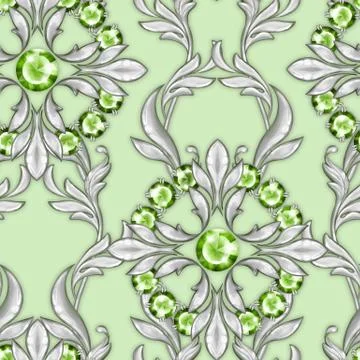 Seamless green baroque pattern with gems Stock Illustration