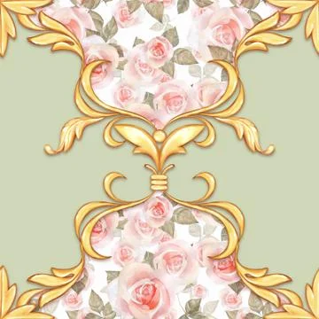 Seamless green baroque pattern with roses and golden scrolls 스톡 일러스트