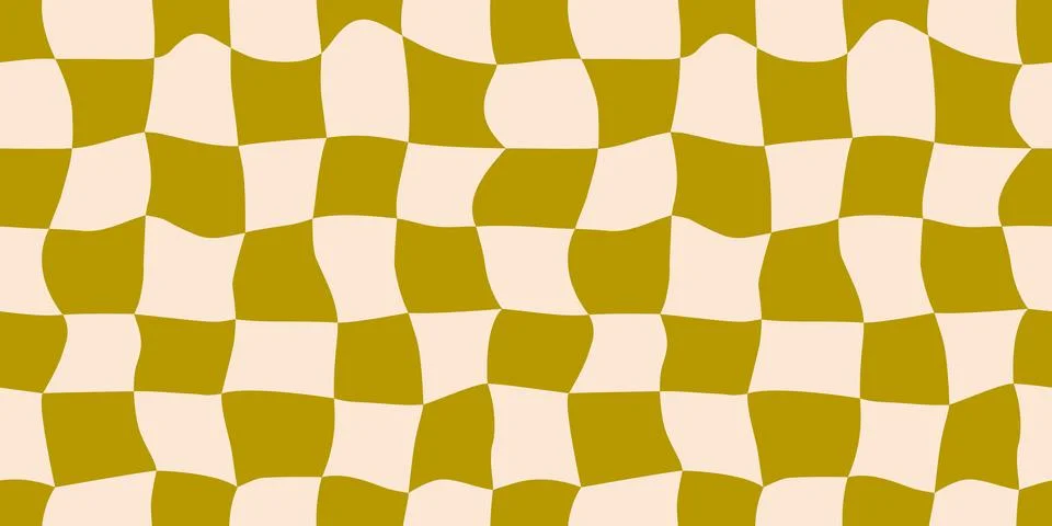 Seamless green beige checkerboard pattern. Repeating distorted checkered texture Stock Illustration