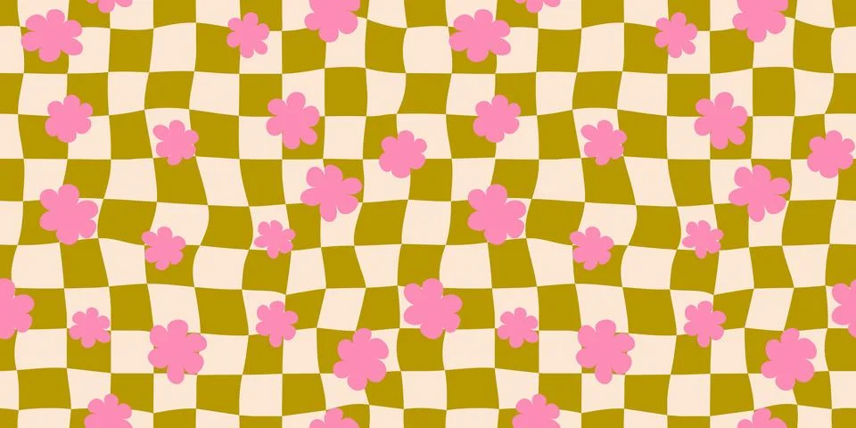 Seamless green beige checkerboard pattern. Repeating distorted checkered texture Stock Illustration