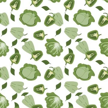 Seamless green bell pepper pattern with leaves on white background Stock Illustration