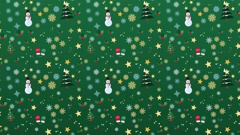 Seamless green Christmas pattern of trees, snowmen, mittens and snowflakes .. Stock Illustration