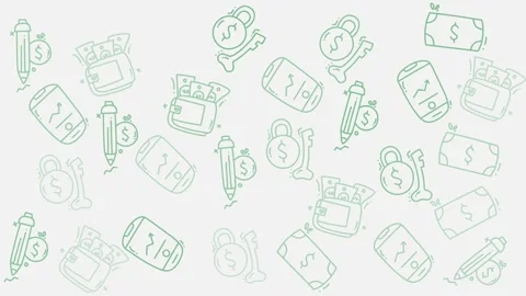 Seamless green financial doodle pattern with money wallet and business icons Stock Footage 344909931