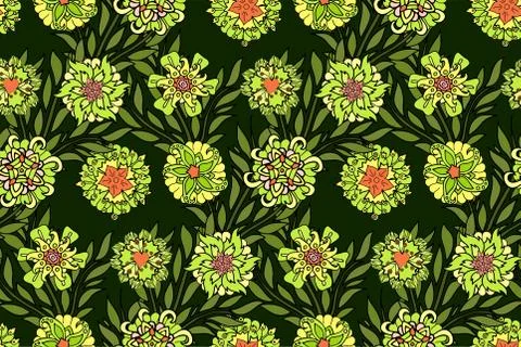 Seamless green floral pattern with different flowers Stock Illustration