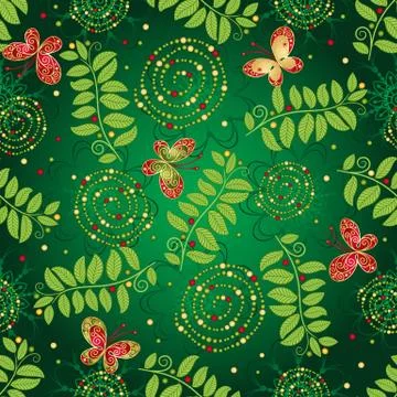Seamless green gradient pattern with leaves Stock Illustration