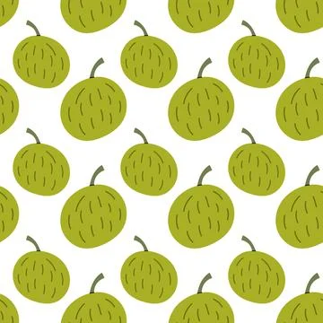 Seamless Green Melon Pattern with Textured Fruits and Stems Vector Illustrati Stock Illustration