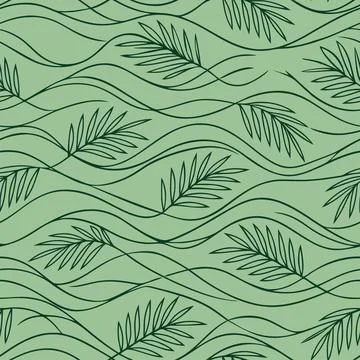 Seamless Green Palm Leaves Pattern with Wavy Lines Tropical Botanical Vecto.. Stock Illustration