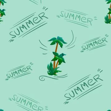 Seamless  green pattern  with cartoon palm trees and doodle text Summer Stock Illustration