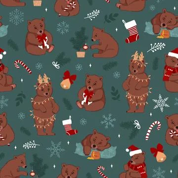 Seamless green pattern with cute brown bears with Christmas elements. Winter  Illustrazione stock