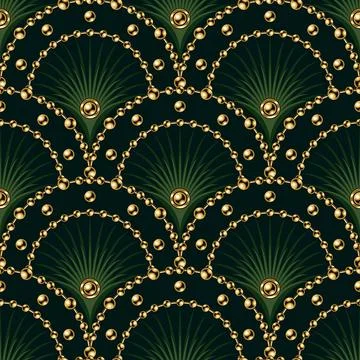 Seamless green pattern with fan shaped grid, gold ball chains, beads Stock Illustration