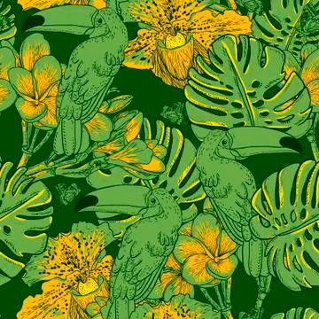 Seamless green pattern with flowers and Toucan Stock Illustration