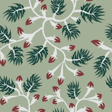 Seamless green pattern with stylized hand drawn doodle flowers Stock Illustration