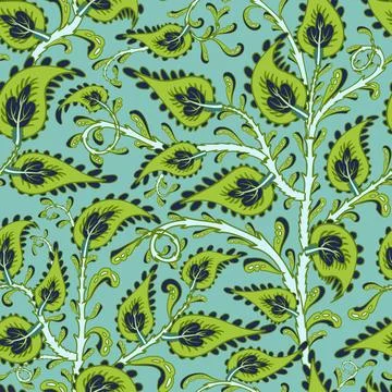 Seamless green pattern with stylized hand drawn doodle flowers and leaves. Stock Illustration