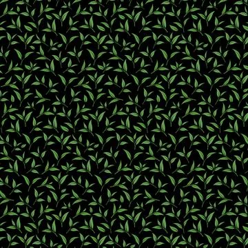 Seamless Green Tea Leaf Pattern on Black Background in Flat Vector Style Illustrazione stock