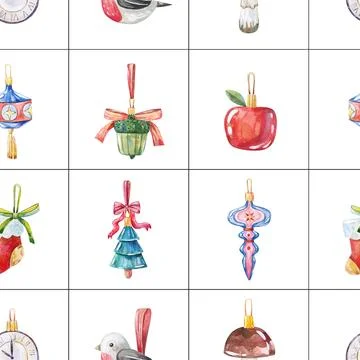 Seamless grid pattern of watercolor vintage Christmas ornaments on a clean .. 스톡 일러스트