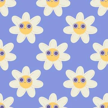 Seamless groovy daisy pattern. tshirt style, 70s Stock Illustration