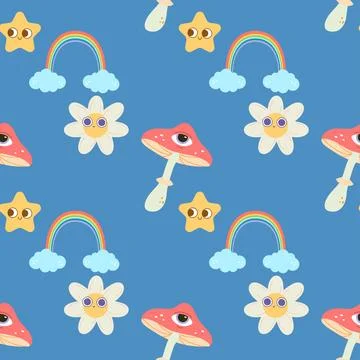 Seamless Groovy Pattern. Mushrooms, psychedelic, style, 70's Stock Illustration