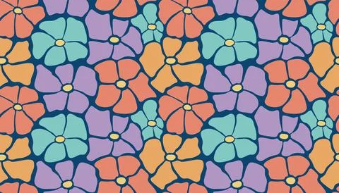 Seamless groovy pattern in retro hippie style with Matisse inspired flowers.. Stock Illustration