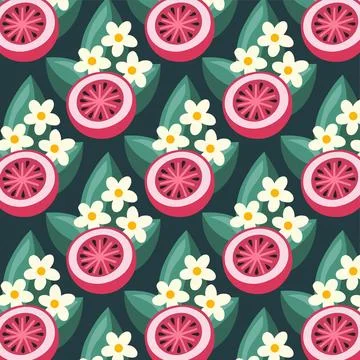 Seamless Guava Fruit Floral Pattern with Leaves and Blossoms Vector Design Stock Illustration