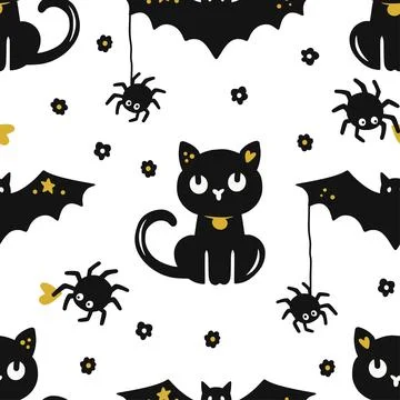 Seamless Halloween Black Cat Pattern With Bats And Spiders In Spooky Vector.. Stock Illustration