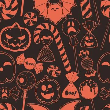 Seamless Halloween Candy Doodle Pattern with Jack-o-Lantern, Bat and Lollipop Stock Illustration