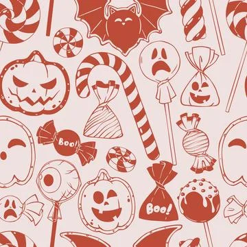 Seamless Halloween Candy Doodle Pattern with Jack-o-Lantern, Bat Cat and Stock Illustration