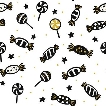 Seamless Halloween Candy Pattern With Lollipops And Wrapped Sweets In Playf.. Stock Illustration
