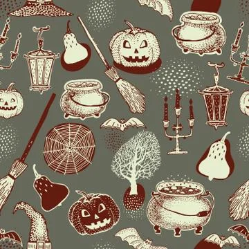 Seamless Halloween colourful pattern with festive Halloween illustrations. De Illustrazione stock