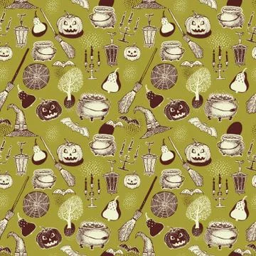 Seamless Halloween colourful pattern with festive Halloween illustrations. De Stock Illustration