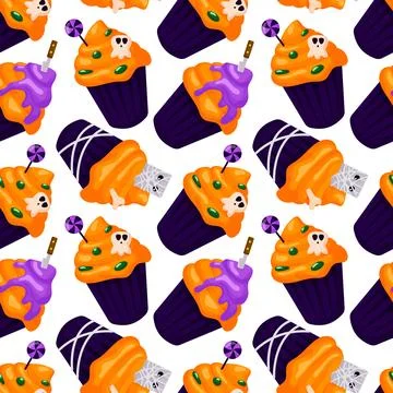 Seamless Halloween cupcake pattern with spooky decoration, candy, purple icing Illustrazione stock