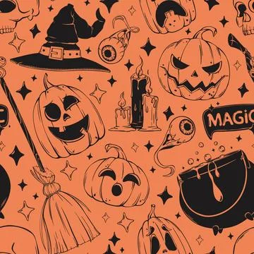 Seamless Halloween Doodle Pattern with Jack-o-Lantern, Witch Hat and Cauldron Stock Illustration