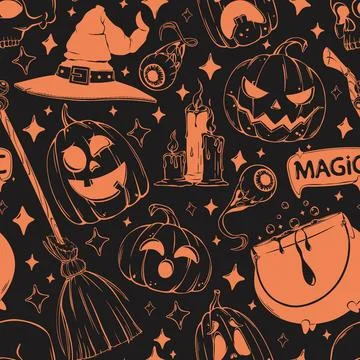 Seamless Halloween Doodle Pattern with Jack-o-Lantern, Witch Hat and Cauldron Stock Illustration