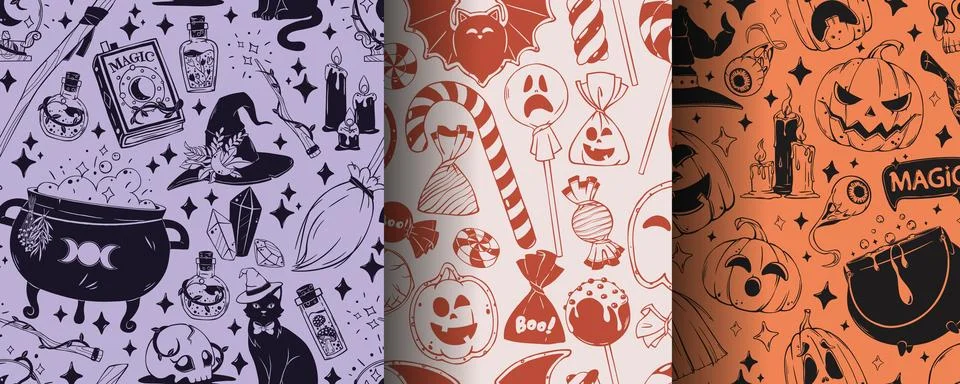 Seamless Halloween Doodle Pattern Set with Cauldron, Candy and Pumpkin in Three Stock Illustration